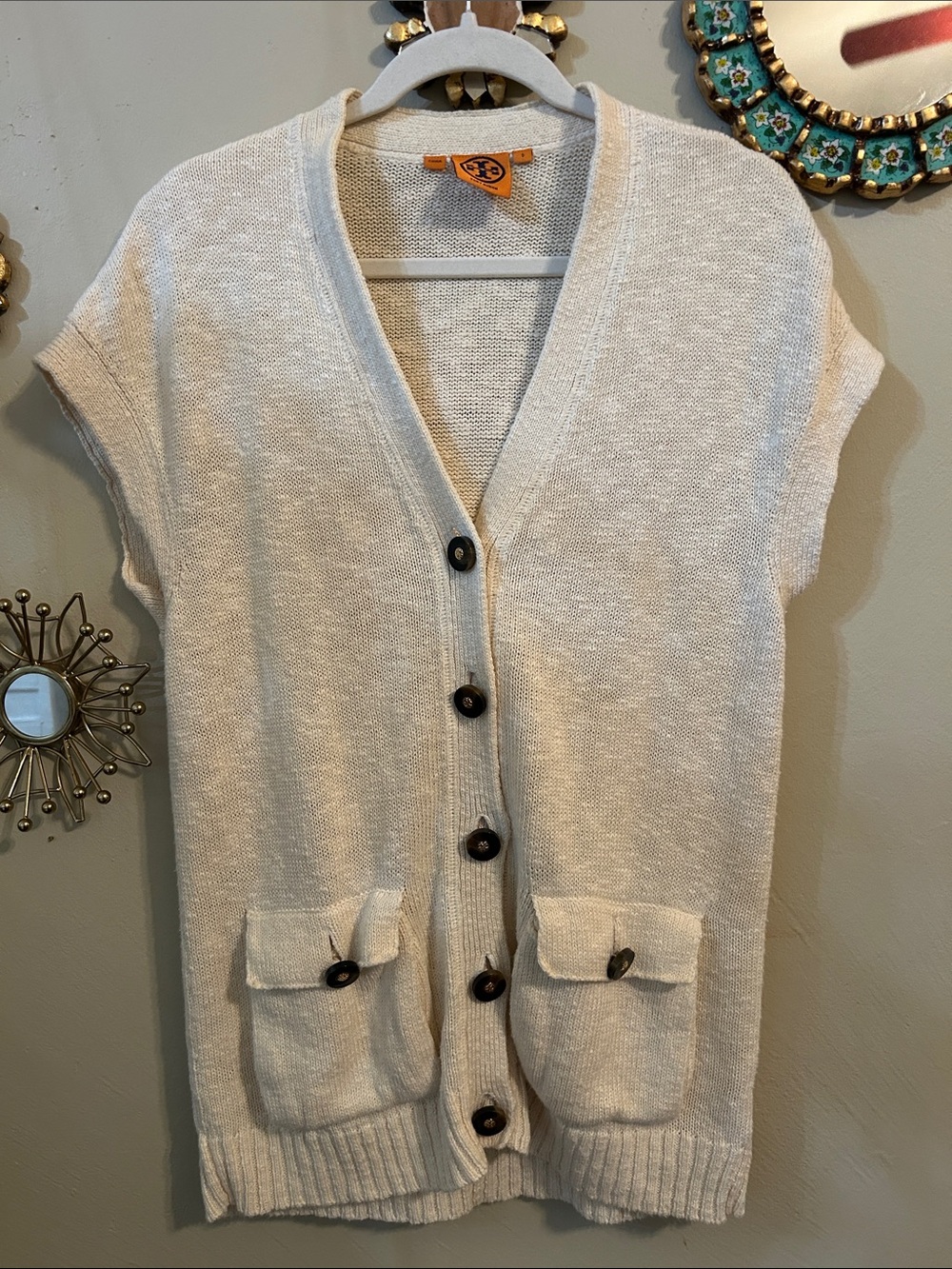 Tory Burch Women’s Cream Linen Blend Button-Front Short Sleeve Cardigan Vest